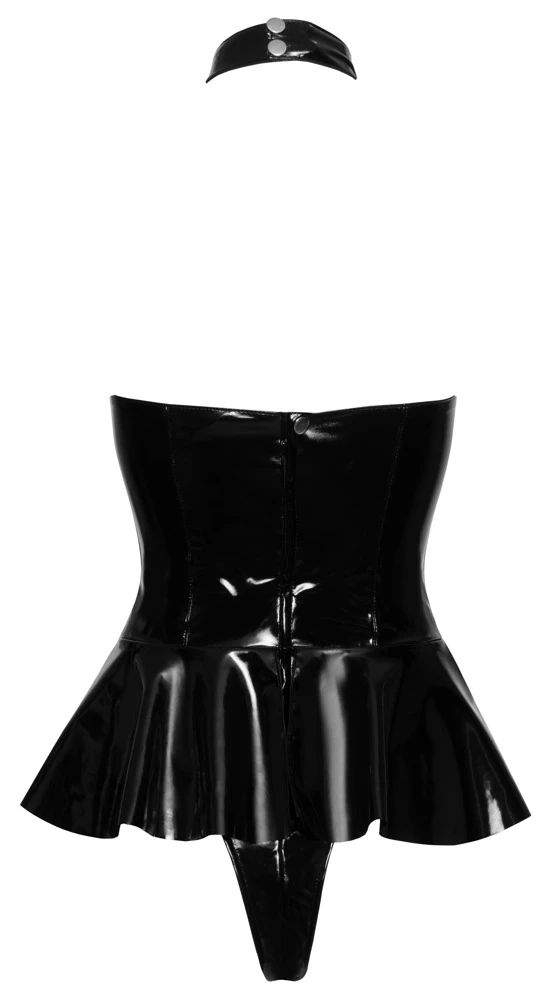 Black Level Lack String Body mit Rock, angenähtem ausgestelltes Röckchen, Rückenfrei, Schnallenriemen zur Taillenbetonung