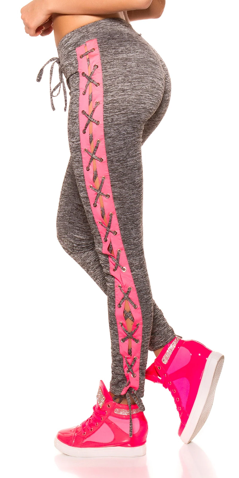 Sporty Workout Jersey Leggings mit seitlichem Kontrast und Schnürung Sporty Workout Jersey Leggings mit seitlichem Kontrast und Schnürung