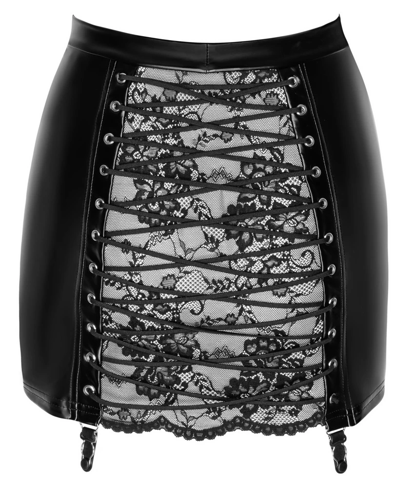 Noir F341 Rock Spitze, Enger Minirock im edlen Powerwetlook mit transparentem Spitzeneinsatz und Zierschnürung, perfekt für einen sexy Look Noir F341 Rock Spitze, Enger Minirock im edlen Powerwetlook mit transparentem Spitzeneinsatz und Zierschnürung, perfekt für einen sexy Look