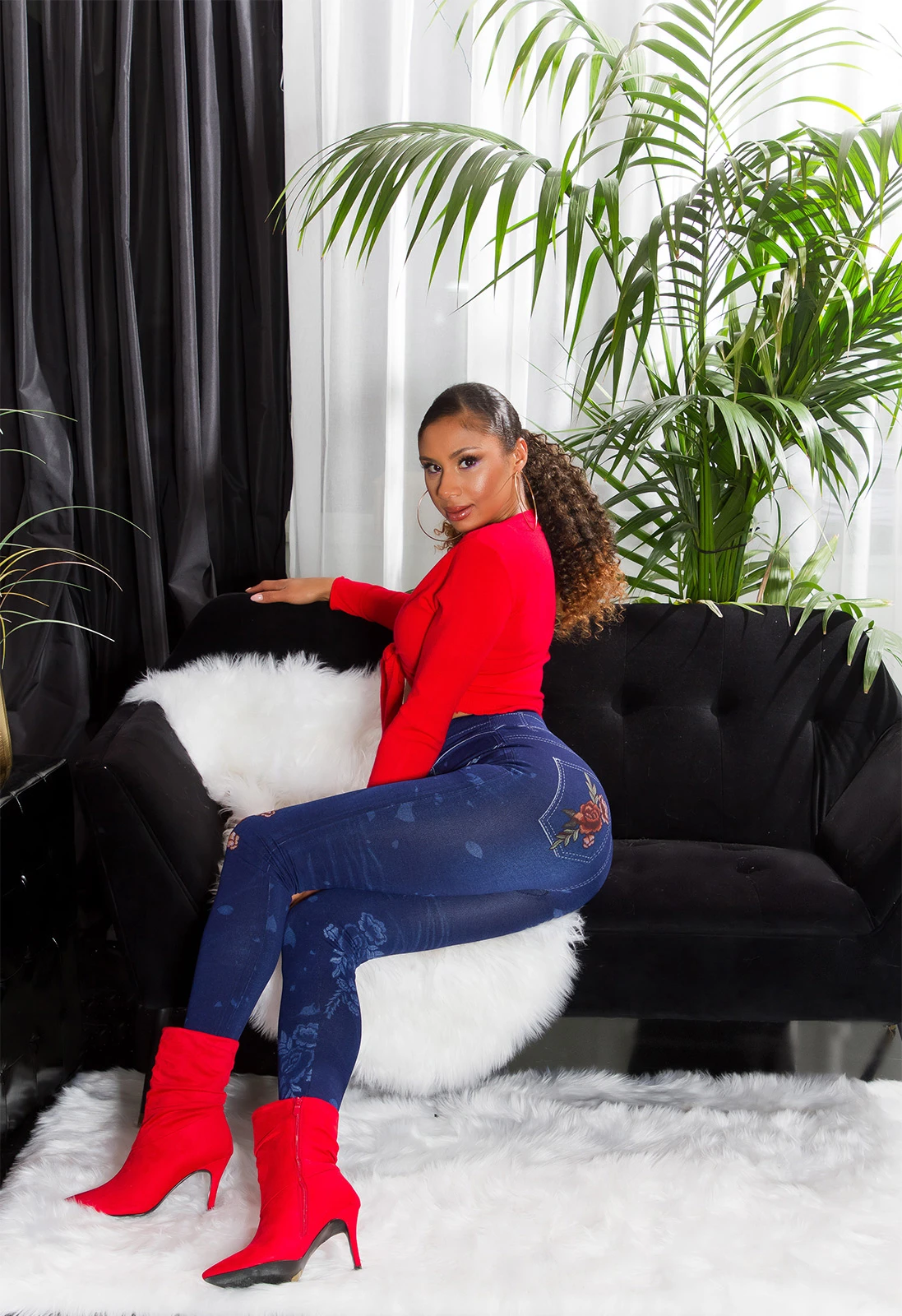 Flower Printed High Waist Jeans Look Leggings Flower Printed High Waist Jeans Look Leggings
