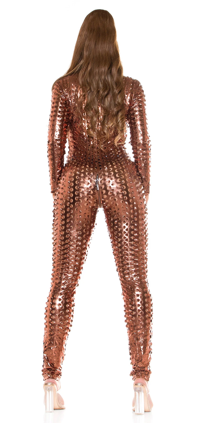 Kinky Langarm Jumpsuit, Catsuit aus dünnem Stretch mit glänzender Metallic Oberfläche, 2 Wege Reißverschluss und figurbetonter Long Form mit sexy allover Loch Musterung von Koucla