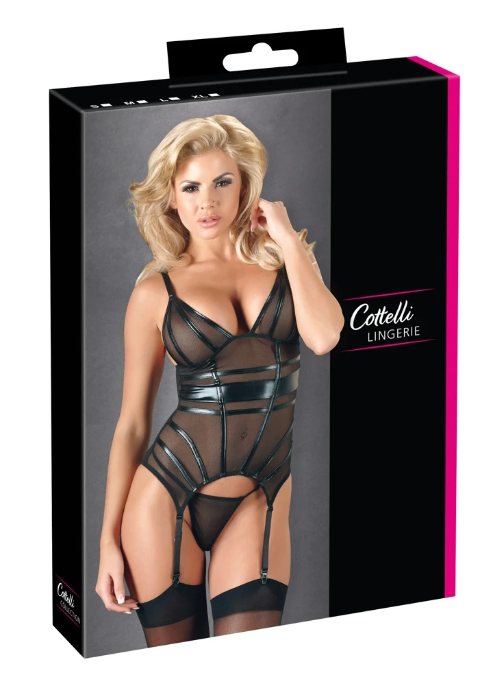 Cottelli LINGERIE Strapshemd Erotischer Bondage-Touch aus Powernet Wetlook-Streifen