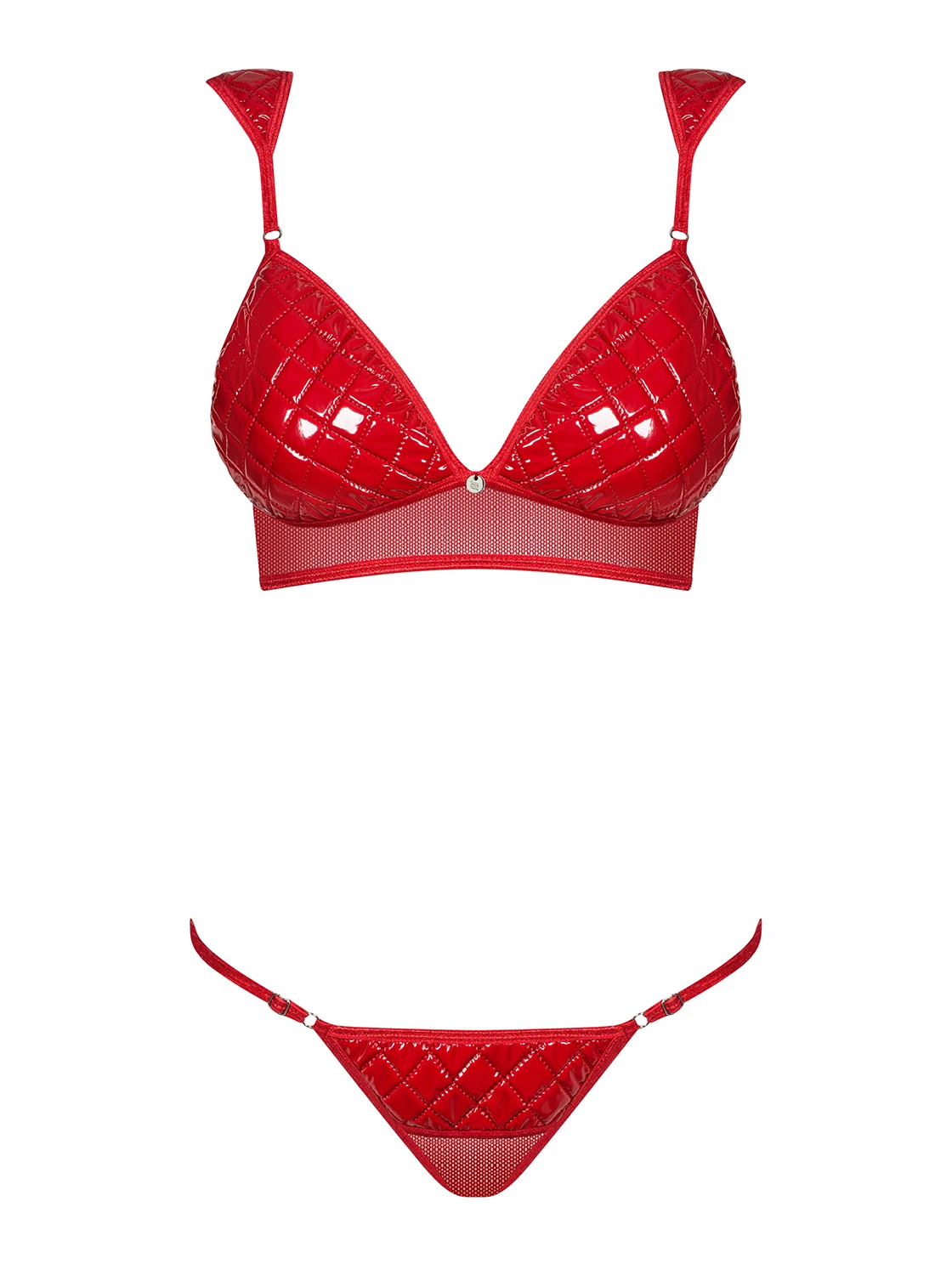 Glänzendes Wetlook Dessous Set mit gesteppten Kunstleder