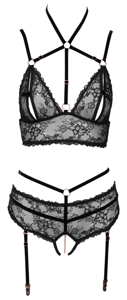 Abierta Fina Bralette und Straps-Slip ouvert im Set, Lingerie aus Spitze in Bondage
