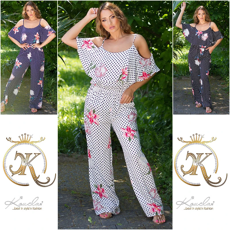 Marlene Maxi Viskose Jumpsuit im Cold Shoulder-Style mit Pünktchen und Flower