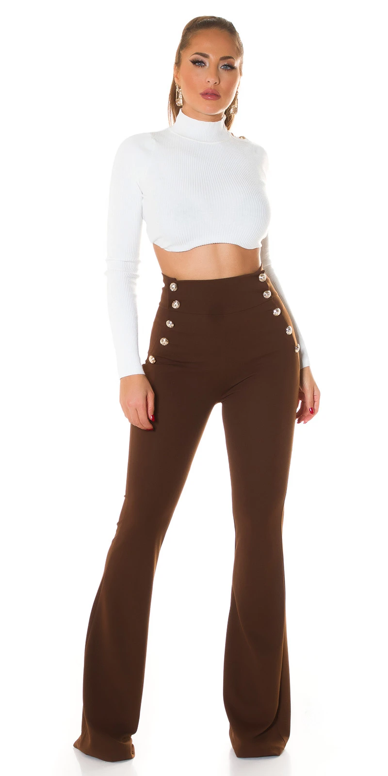 Stoff Business High Waist Schlag Hose mit Deko Knöpfe Stoff Business High Waist Schlag Hose mit Deko Knöpfe