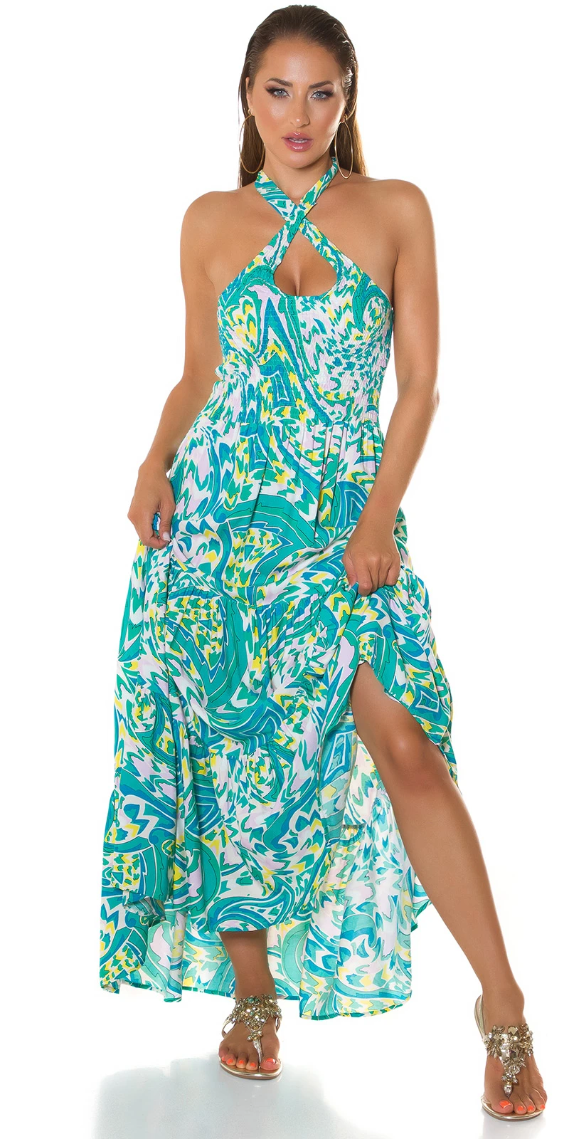 Coloured Maxi Neckholder Viskose Kleid mit Cutout
