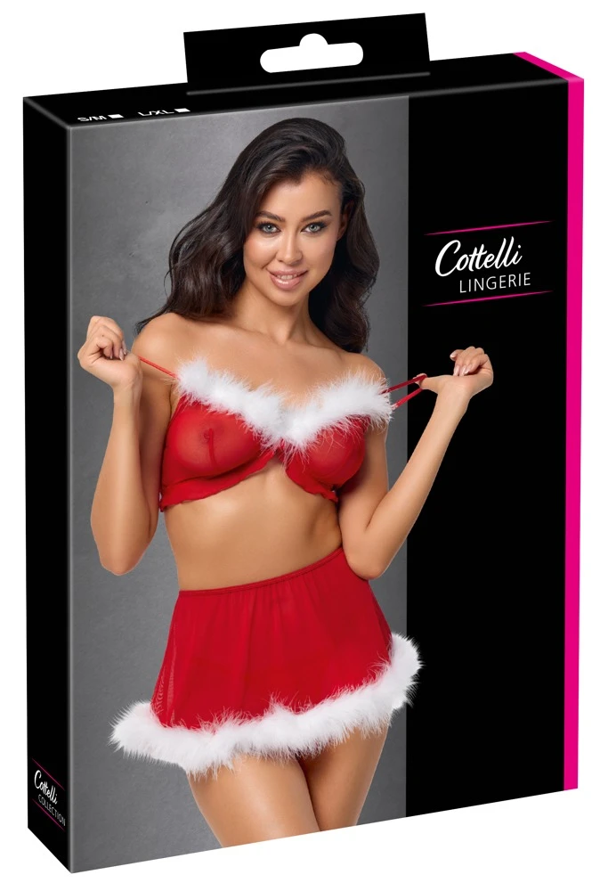 3-teiliges Dessous-Set X-Mas aus rotem Powernet mit weißem Federbesatz an BH-Top, Minirock und String für festliche Sinnlichkeit