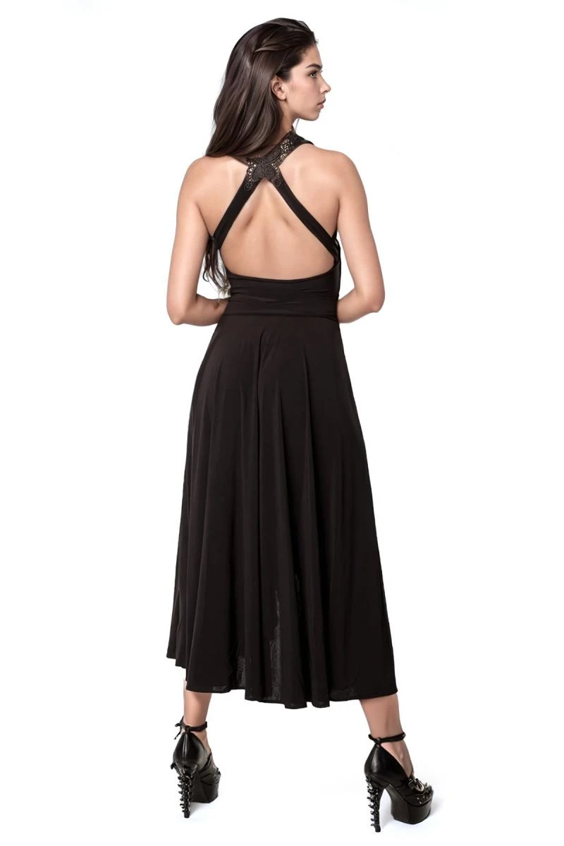 Mittellanges Kleid schwarz Gothic, Ärmelloses Romantisches Kleid mit Schleife und Stickerei