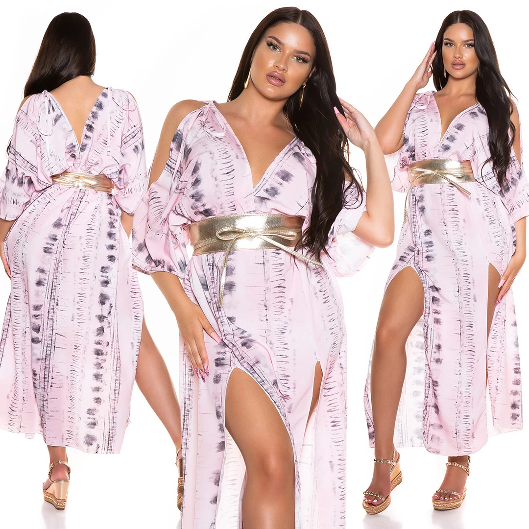 Printed V-Neck Cold Shoulder Maxi Kleid mit Beinschlitz