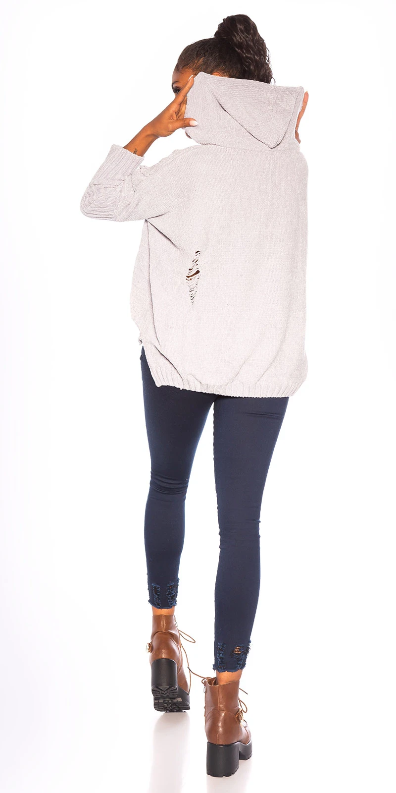 Used Look Crop Grobstrick Vokuhila Pullover mit Kapuze Used Look Crop Grobstrick Vokuhila Pullover mit Kapuze