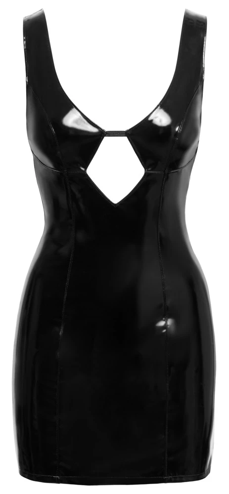 Kurzes, ärmelloses Kleid von Black Level komplett im schwarzen Lackglanz mit tiefem raffiniert geschnittenem Dekolleté.