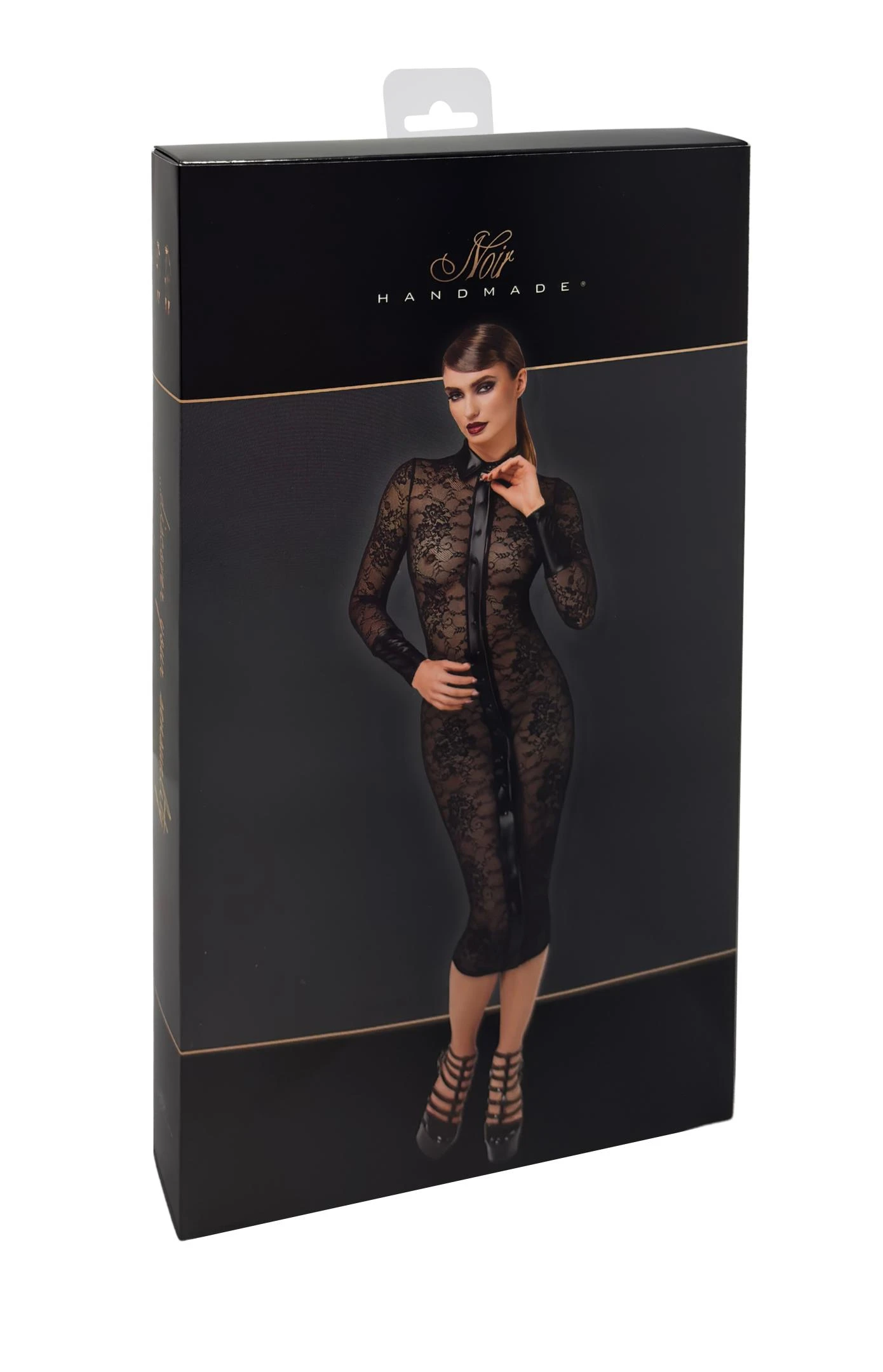 Midikleid Noirelle aus Spitze Noir Handmade F376  mit Hemdkragen, breiten Powerwetlook-Manschetten und funkelnden Strass-Druckknöpfen für einen markanten, stilvollen Look