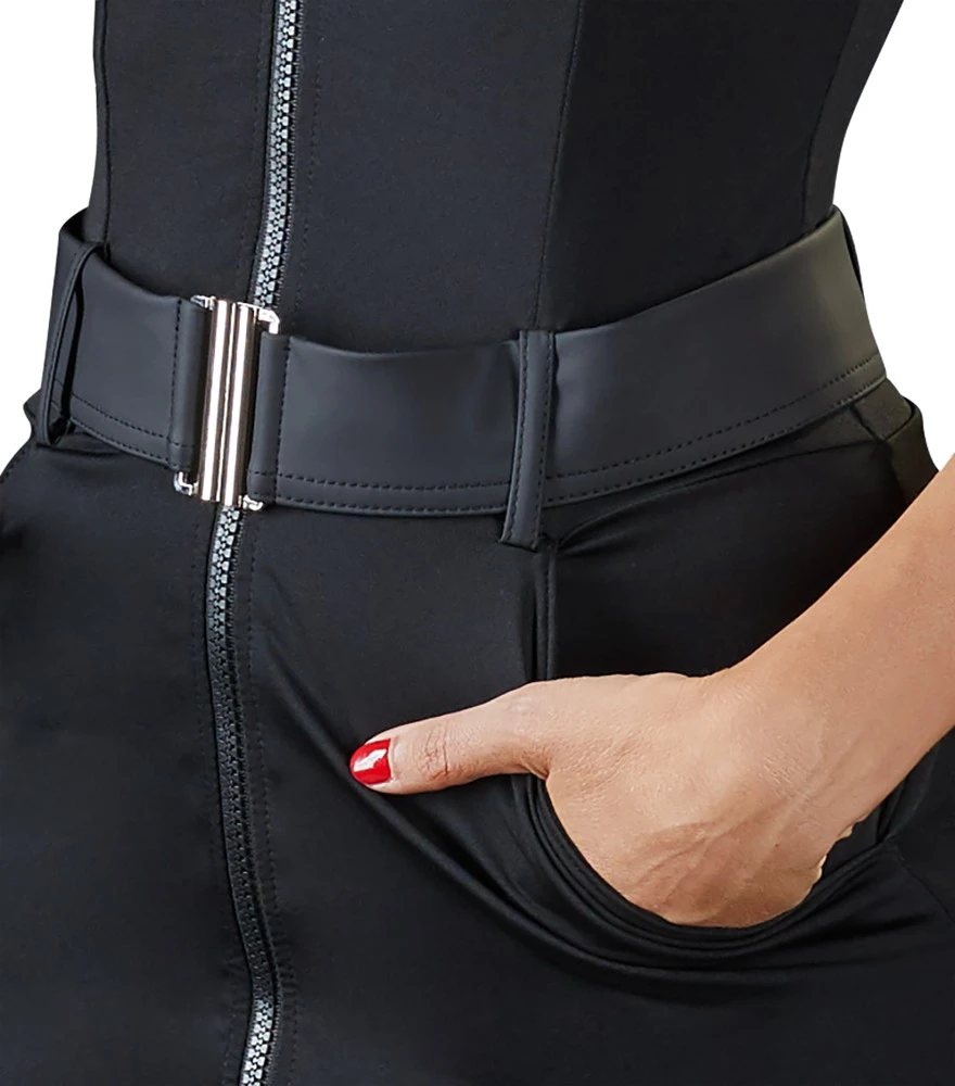 Cottelli Polizistinnen-Kleid mit durchgehendem Reißverschluss und elastischem Gürtel in Schwarz