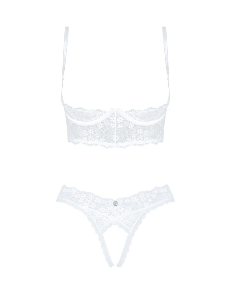 Obsessive Hebe-BH und String als weißes Ouvert-Set Heavenlly  aus weicher elastischer Blütenspitze mit verführerisch offenem Schritt.