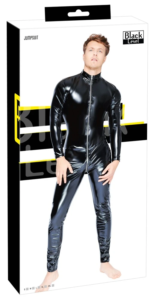 Overall von Black Level mit 3-Wege-Metallreißverschluss vom kleinen Stehkragen durch den Schritt bis über den Po. Aus 4-Wege-Stretchlack mit edlem Glanz. Overall von Black Level mit 3-Wege-Metallreißverschluss vom kleinen Stehkragen durch den Schritt bis über den Po. Aus 4-Wege-Stretchlack mit edlem Glanz.