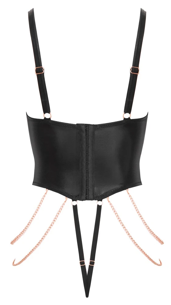 Stringbody Wetlook schwarz mit aufknöpfbaren Bügel-Cups, Schnürung, Strass, abnehmbaren Ketten und Roségold-Details – Abierta Fina