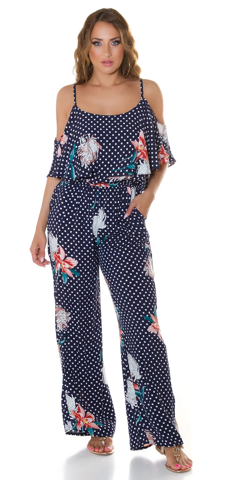 Marlene Maxi Viskose Jumpsuit im Cold Shoulder-Style mit Pünktchen und Flower