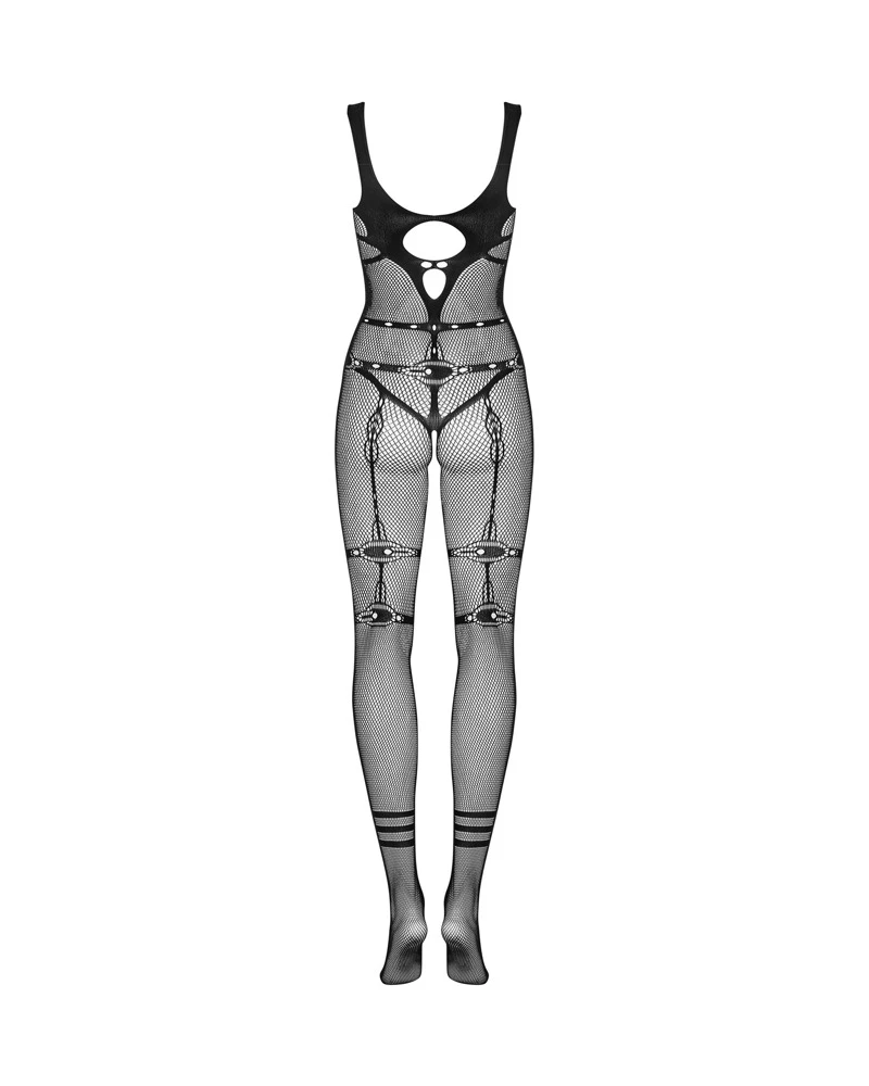 Obsessive Schwarzer Catsuit ouvert aus Netz mit aufregender eingewebter Harness-Optik. Dazu raffiniert platzierte Cut-outs im Dekolleté.