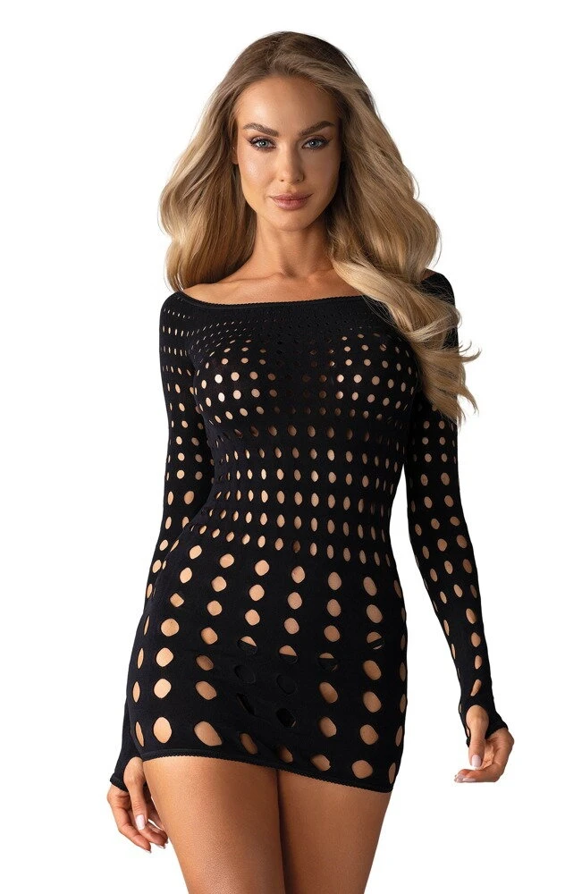 Obsessive Kurzes enges Kleid Rocker mit langem Arm, rundum extravagante Loch-Optik. Anschmiegsam weich und elastisch für hohen Tragekomfort.