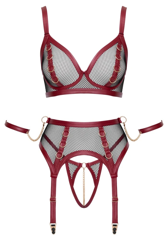 Bondage-Set Dessous Reizwäsche ouvert mit Strapsen Softfesseln Netz Mattlook & goldenen Ketten von Cottelli BONDAGE