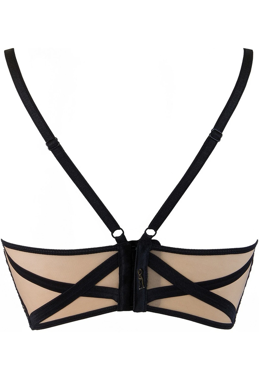 Axami sinnliches Bustier mit Kreuzmotiv schwarze Spitze auf hautfarbenen Tüll