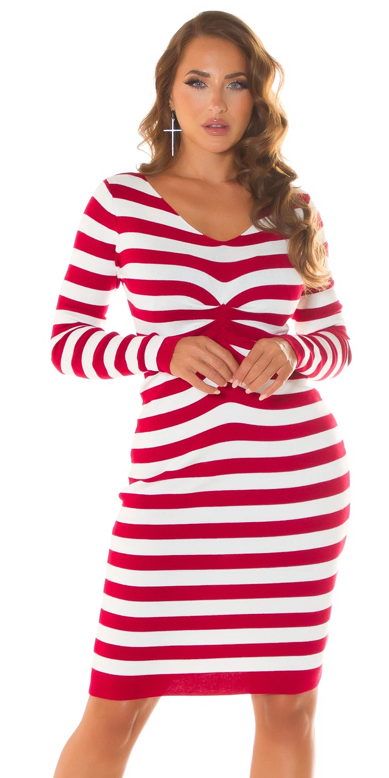 Gestreiftes Langarm Midi Strick Kleid mit Raff-Optik Gestreiftes Langarm Midi Strick Kleid mit Raff-Optik