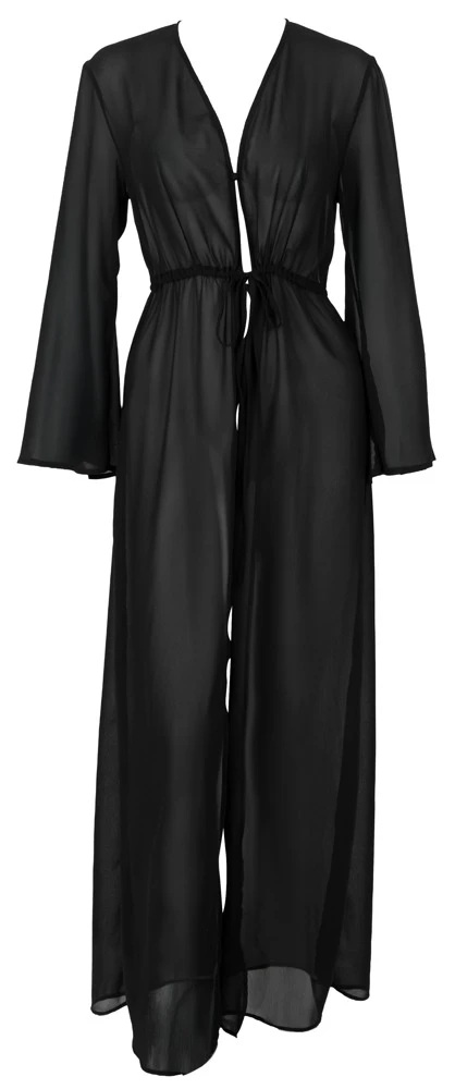 Langer Kimono aus schwarzem Chiffon von Cottelli LINGERIE – sinnlich transparent mit ausgestellten Ärmeln, Tunnelzug und edlem Bindegürtel