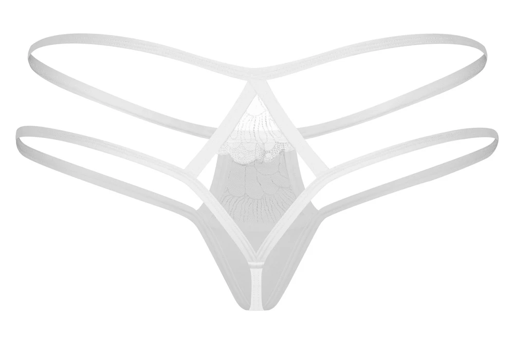 String Arrowel von Obsessive in Weiß mit feiner bestickter Spitze, kleinem Schmuckdetail und raffiniertem Rauten-Ausschnitt hinten für eine sinnliche Wirkung