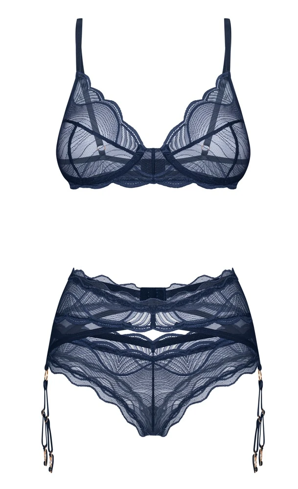 Sinnlich-elegantes Set Nightly Blue von Obsessive mit Bügel-BH, Strapsgürtel und String in edler Spitzen-Optik