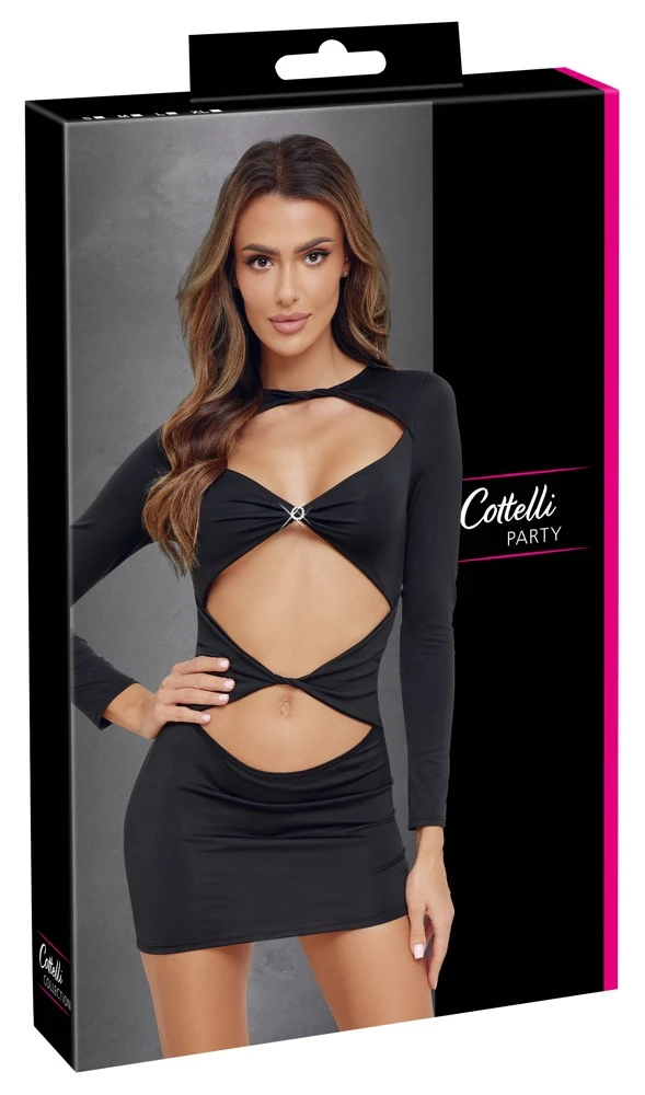 Cottelli PARTY Kurzes Langarm Stretch Minikleid mit Cut-outs glitzernder Strassring schwarz