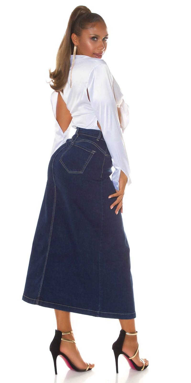 Dark Denim High Waist Maxi Rock mit Schlitz vorne Dark Denim High Waist Maxi Rock mit Schlitz vorne