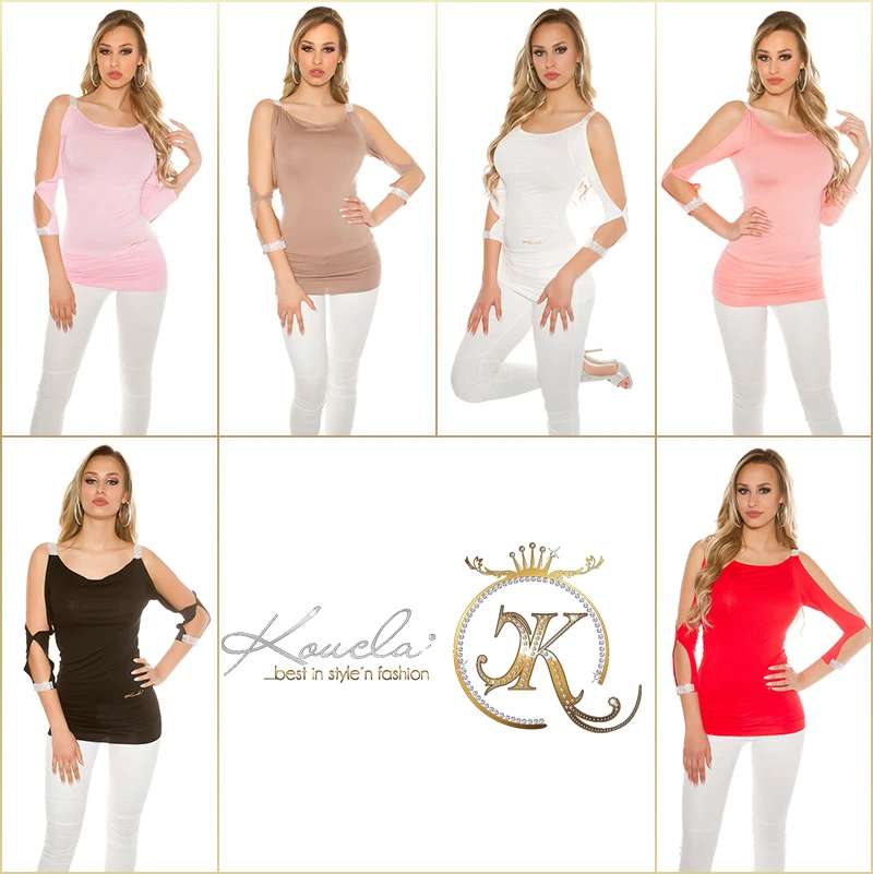 Glamour Langarm Shirt mit Arm Cutouts und Deko Strass