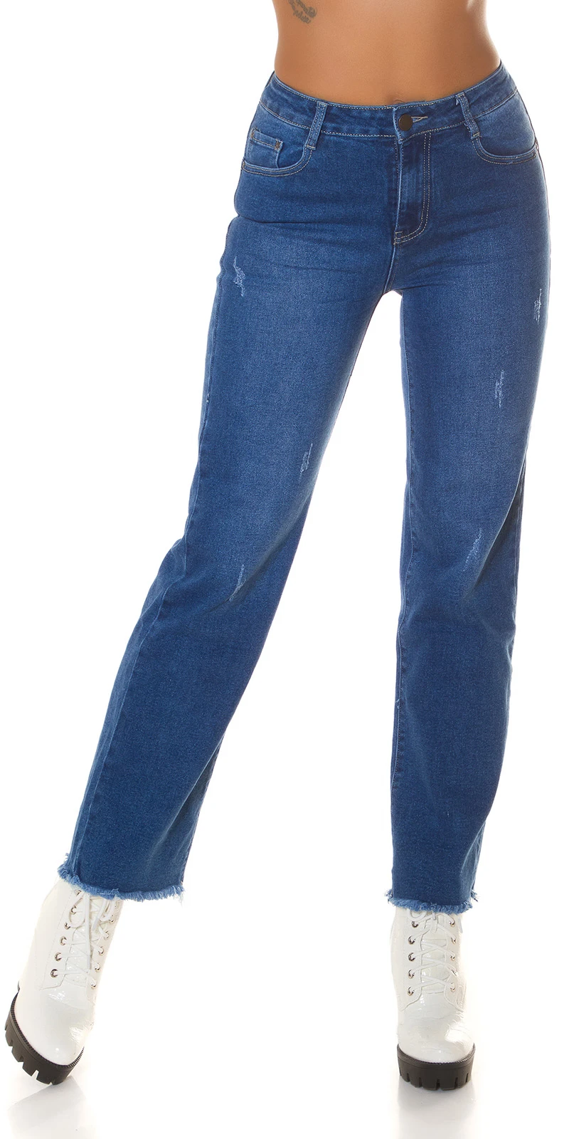 Highwaist Bootcut-Jeans im Used-Look mit Push-up-Effekt, 5-Pocket-Style und fransigen Beinabschlüssen für trendige Looks