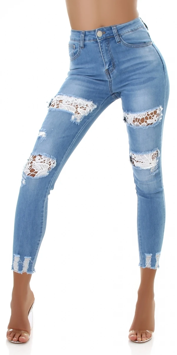 High Waist Destroyed Skinny Jeans mit Deko Spitze High Waist Destroyed Skinny Jeans mit Deko Spitze