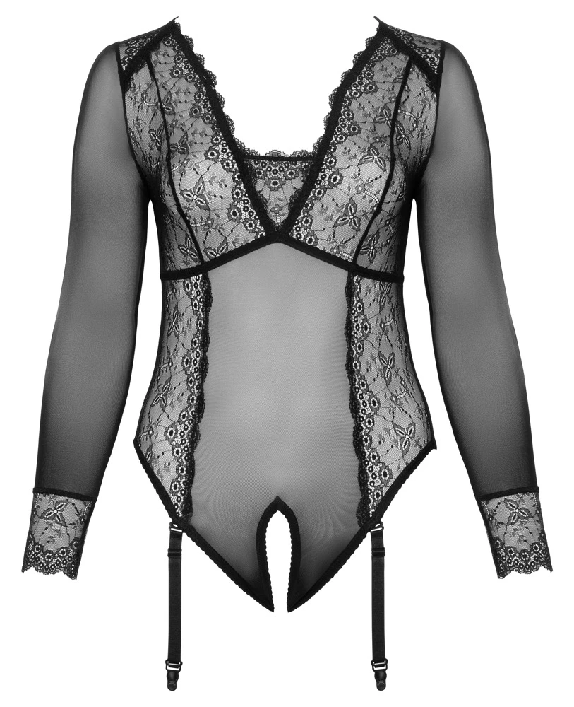 Cottelli transparenter Langarm-Body mit Spitzen-Einsätzen und verlockender Ouvert-Öffnung