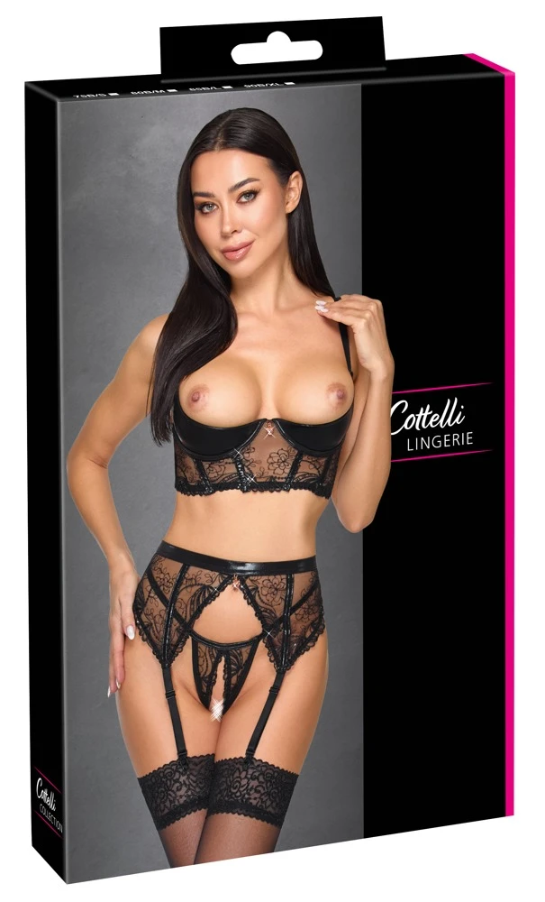 Cottelli LINGERIE 3-teiliges Ouvert Straps-Set Wetlook Hebe BH Strapsgürtel String Pailletten Herz-Schmuck Schwarz