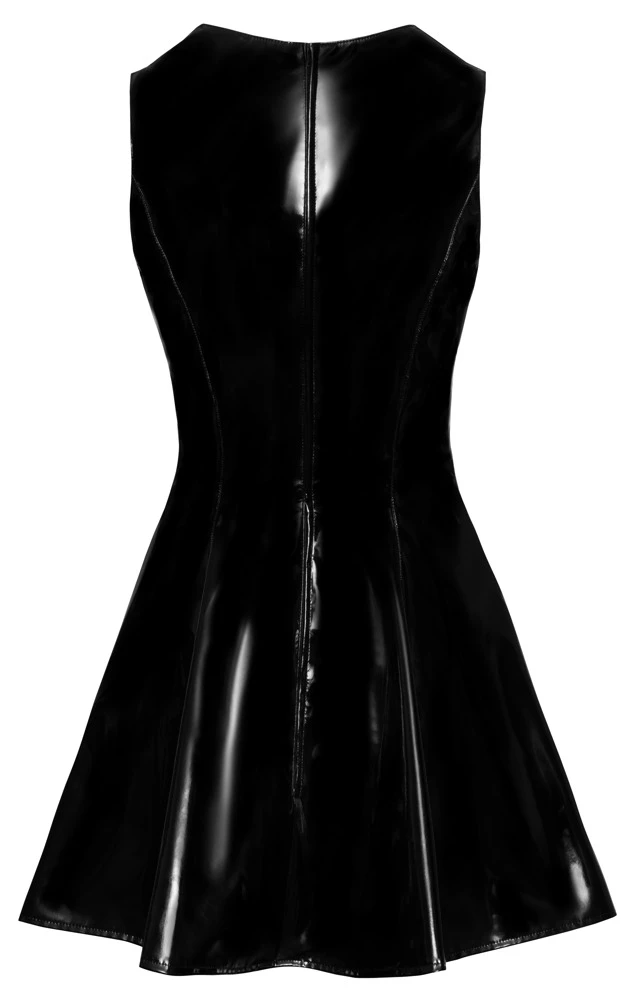 Kurzes, ärmelloses Kleid von Black Level komplett im schwarzen Lackglanz mit breitem v-förmigen Spitzen-Einsatz im tiefem Dekolleté