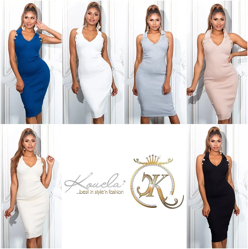 Midi Business Ripp Kleid Ärmllos mit V-Neck und Deko Knöpfe Midi Business Ripp Kleid Ärmllos mit V-Neck und Deko Knöpfe