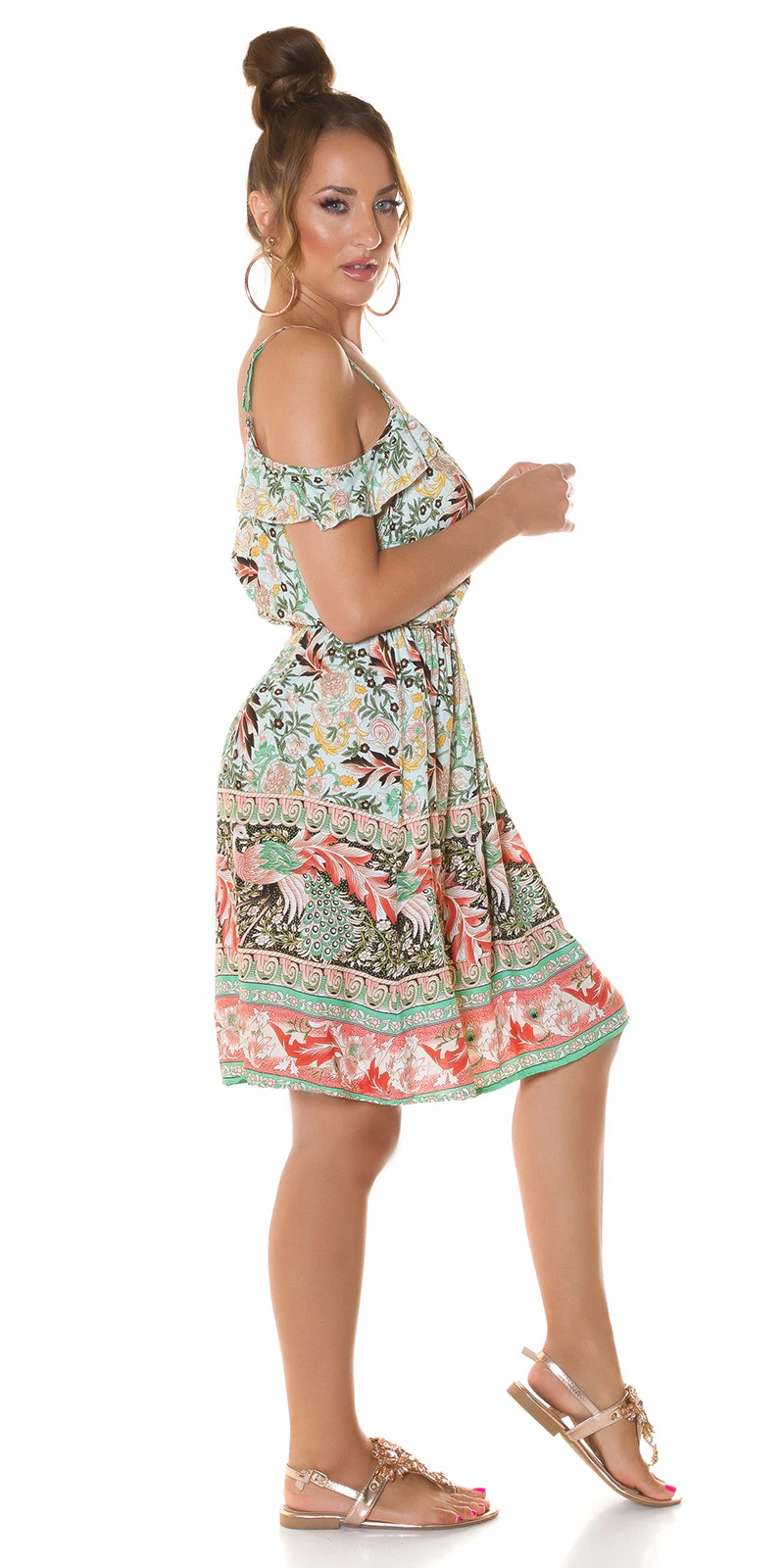 Printed Cold Shoulder Sommer Midi Viskose Kleid Printed Cold Shoulder Sommer Midi Viskose Kleid