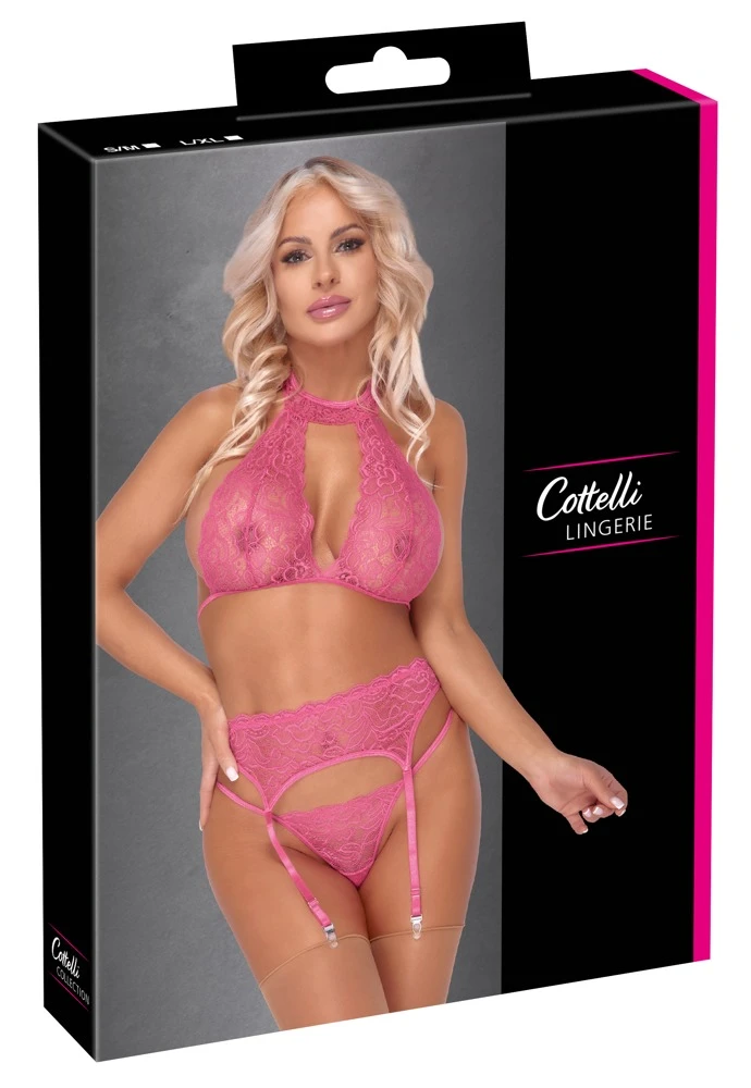 Cottelli LINGERIE 3 teiliges Dessous Set mit Neckholder BH, Strapsgurt und String