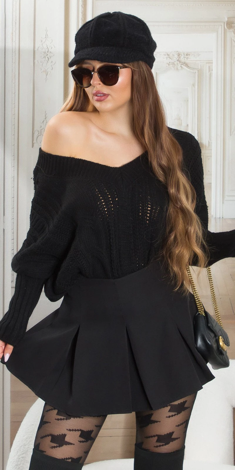 Strickpullover Oversize Pullover Feldermaus Pulli V-Neck mit Deko Schnürung