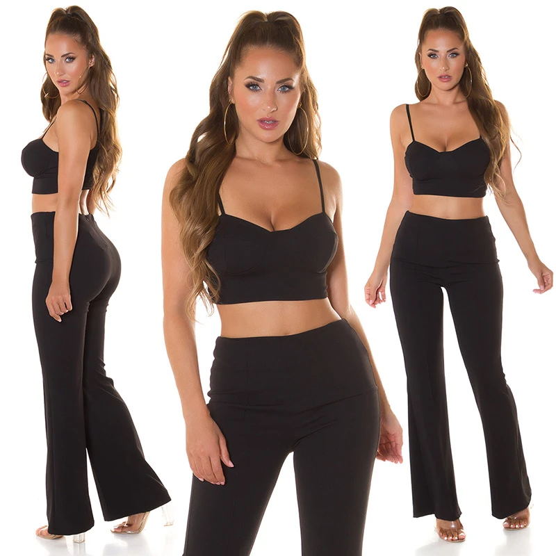 Stylo Freizeit Sommer Crop Schlag Hose Outfit, Stilvolles Set aus Polyester-Stretch: Bauchfreies Bustier-Top mit Spaghettiträgern und Highwaist-Schlaghose Stylo Freizeit Sommer Crop Schlag Hose Outfit, Stilvolles Set aus Polyester-Stretch: Bauchfreies Bustier-Top mit Spaghettiträgern und Highwaist-Schlaghose