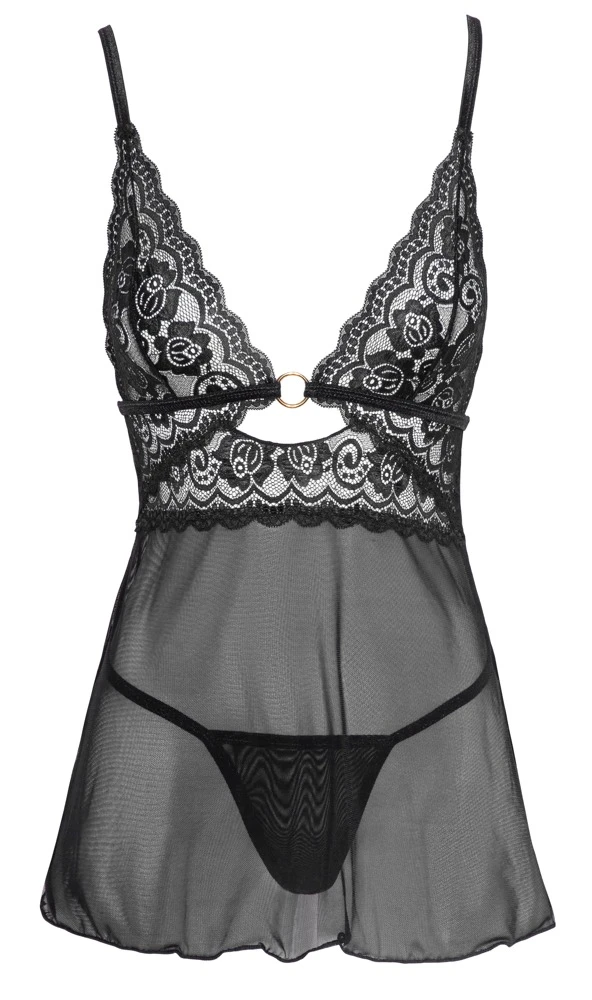 Cottelli LINGERIE kurzesBabydoll Ring am Dekollete Powernet und Spitze Rückenfrei