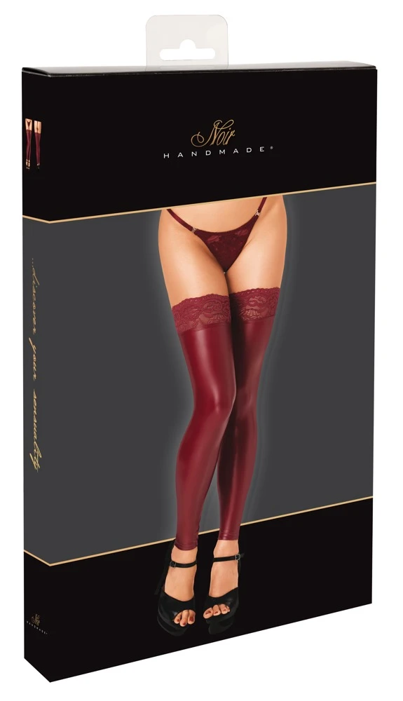 Overknees ohne Fuß in Burgunderrot mit mattem Powerwetlook, breitem Spitzenabschluss und rutschfestem Silikon von Noir