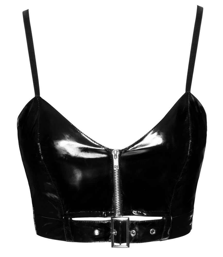 Bauchfreies Top von Black Level im schwarzen Lackglanz mit kleinem Reißverschluss vorne. Raffiniertes Unterbrustband in Gürtel-Optik.