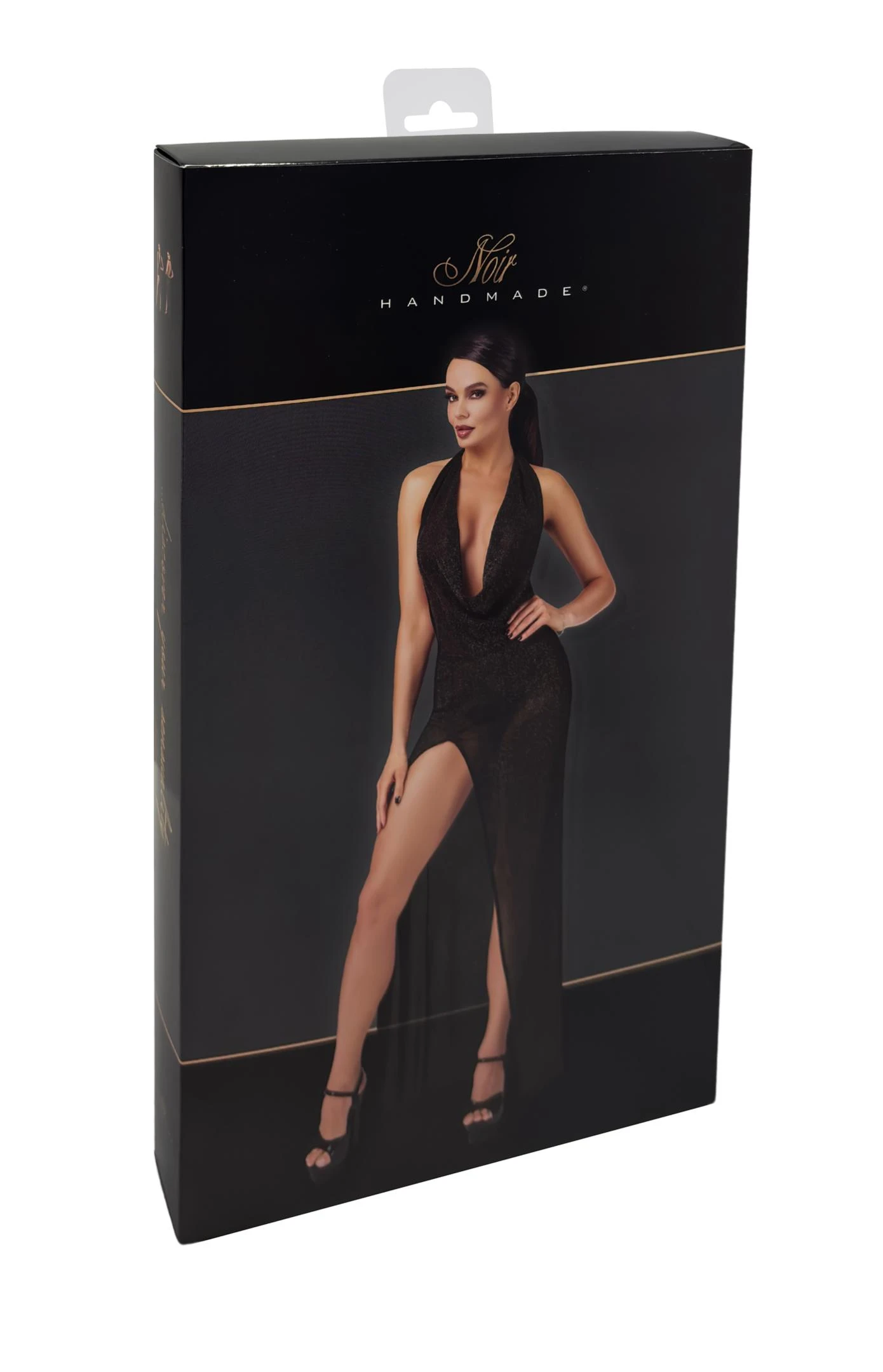 Langes Kleid Kinky Onyx Liquid von Noir Handmade F373 aus schimmerndem Netzmaterial mit Strasssteinchen, tiefem Wasserfallausschnitt und Gehschlitz für einen eindrucksvollen, glamourösen Look