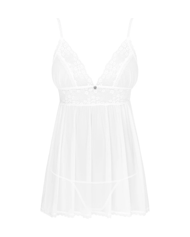 Obsessive Heavenlly Babydoll aus schöner geblümter Spitze in transparenten weiß .Glänzender Anhänger zwischen den Brüsten. Obsessive Heavenlly Babydoll aus schöner geblümter Spitze in transparenten weiß .Glänzender Anhänger zwischen den Brüsten.