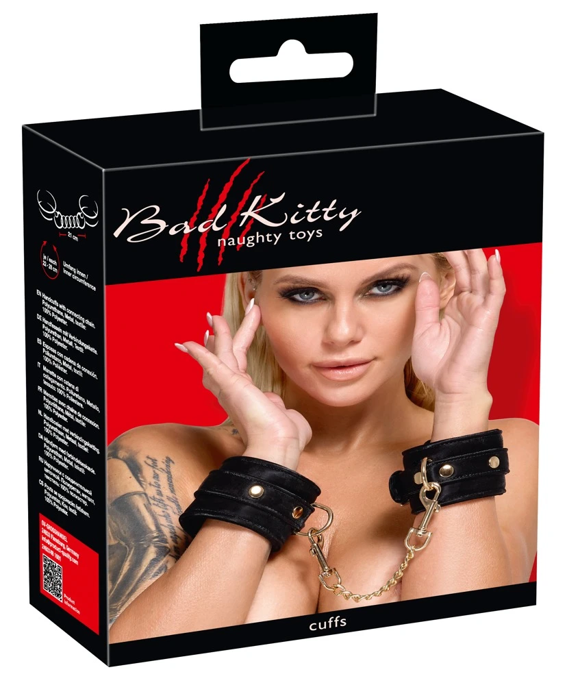 Handfesseln Velvet schwarz, Bad Kitty Handfesseln – Tiefschwarz, samtig schimmernd & goldveredelt mit abnehmbarer Karabinerkette.