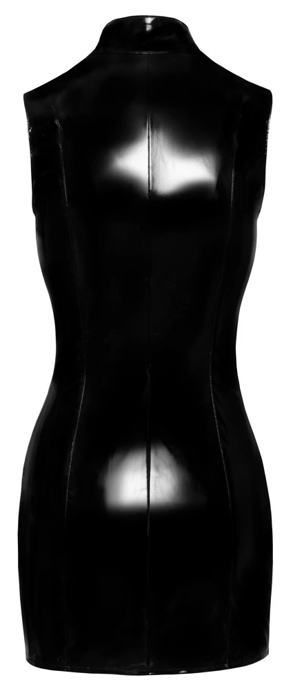 Kurzes, ärmelloses Kleid von Black Level komplett im schwarzen Lackglanz mit seitlichen elastischen Netz-Einsätzen. Vorne mit durchgehendem Reißverschluss unter 3 Schnallen.